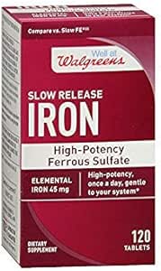 Walgreens Σιδήρου αργή απελευθέρωση υψηλής ισχύος Ferrous sulfate 45mg, δισκία, 120 ea
