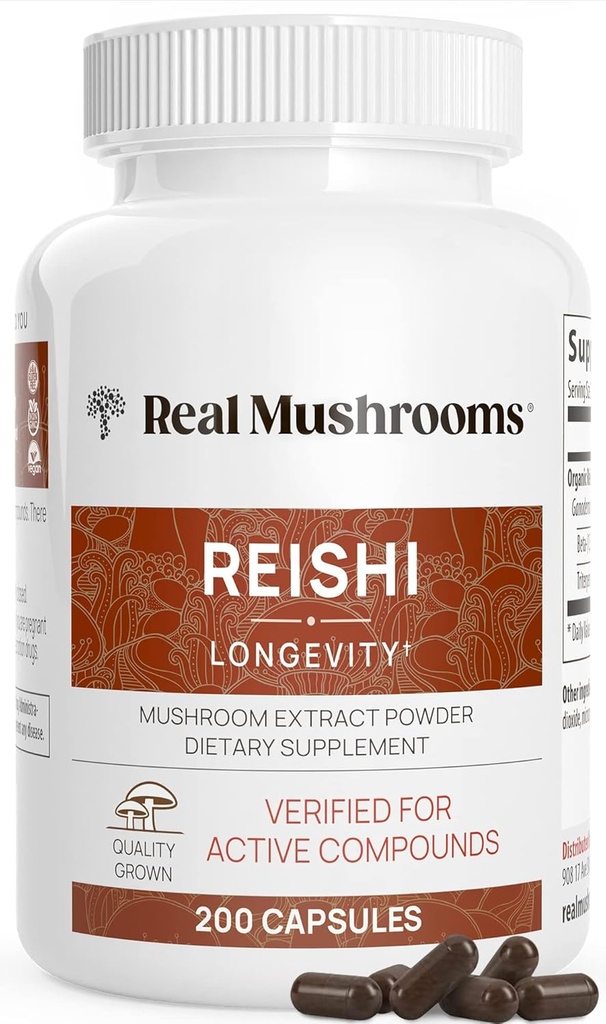 Real Mushrooms Reishi Mushroom Capses - Picked Organic Mushroom Extracts - Red Reishi for Tranquil Daily Wellness with Επαληθευμένο Beta Glucans Vegan, Non-GMO, No Grain Fillers, 200 ct