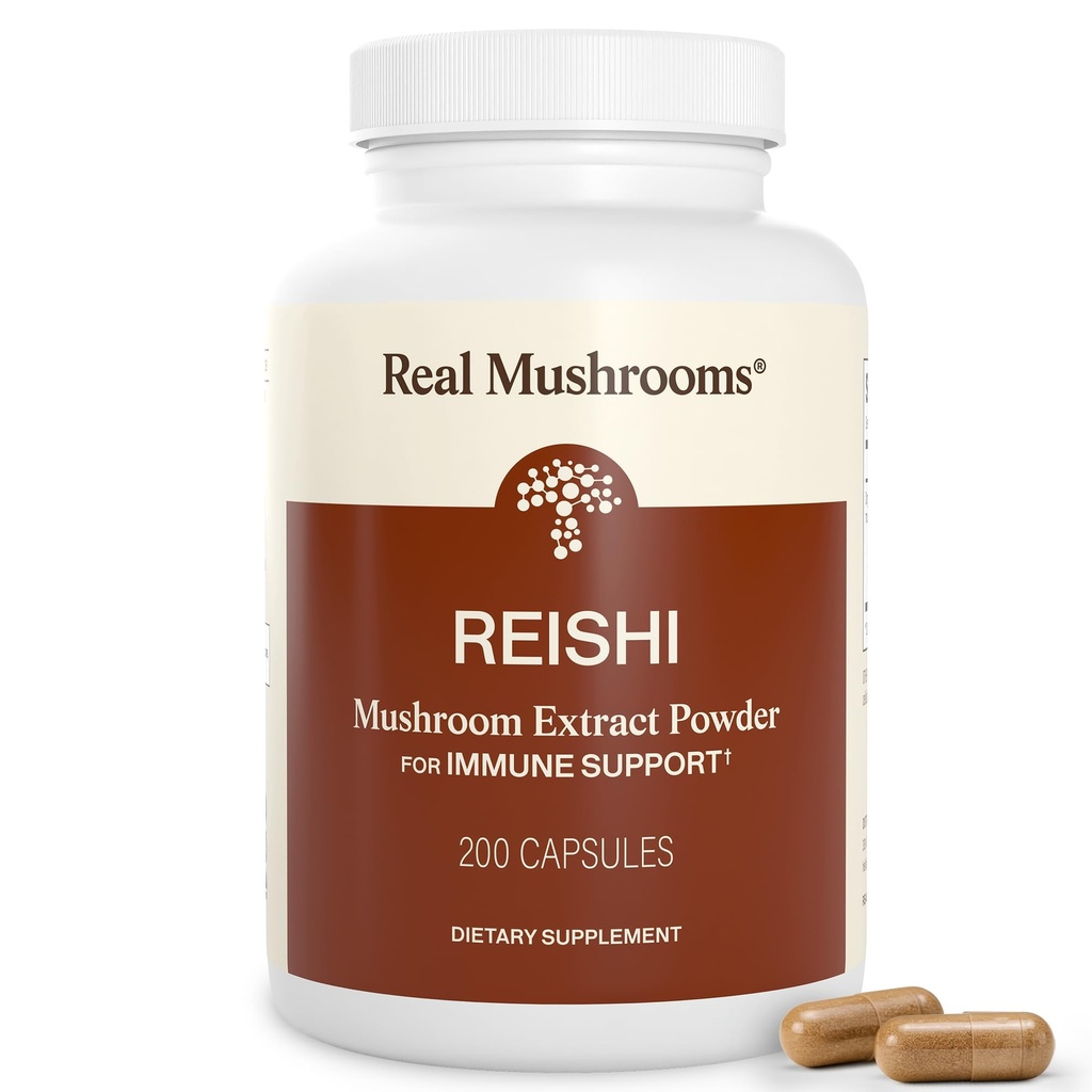 Real Mushrooms Reishi Mushroom Capses - Picked Organic Mushroom Extracts - Red Reishi for Tranquil Daily Wellness with Επαληθευμένο Beta Glucans Vegan, Non-GMO, No Grain Fillers, 200 ct