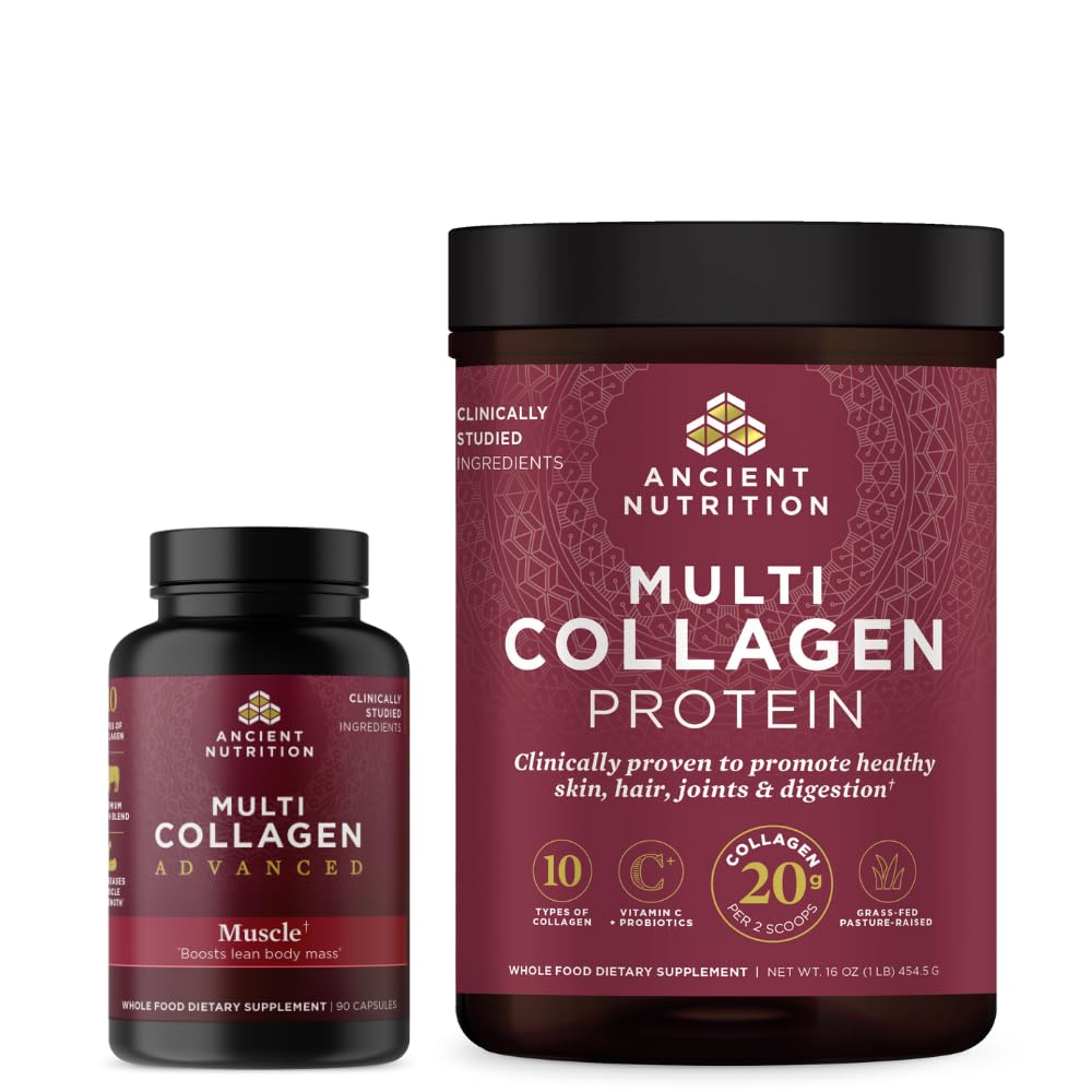 Αρχαία διατροφή Multi Collagen Advanced Κάψουλες, Μύες, 90 Count + Multi Collagen Protein Powder, Unflavoured, 45 Υπηρεσίες