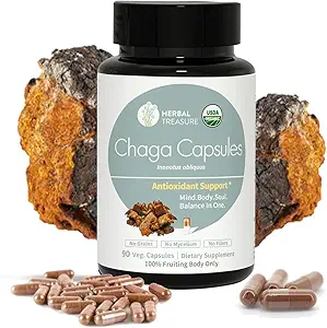 Herbal Treasure Chaga Mushrooms Powder Capsules, Mushroom Supplement for Functional Mushrooms, Chaga Mushroom Capsules for Energy, & Immune Support, Organic Mushroom Supplement 90 Caps