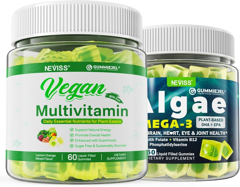 Vegan Omega 3 Gummies 1000mg με Vegan Multivitamin για γυναίκες άνδρες με σίδηρο, βιταμίνη B12, A, D3, K2, Algae Omega 3, μαγνήσιο, ψευδάργυρος