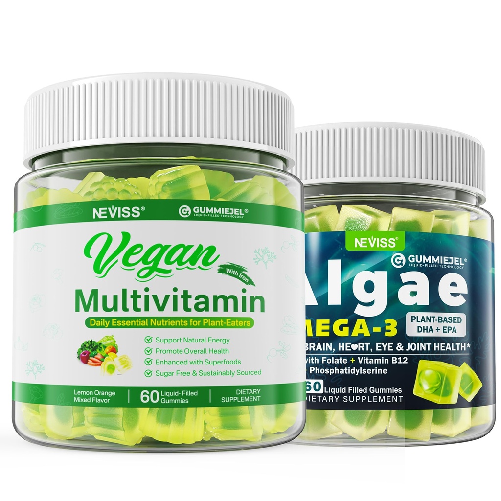 Vegan Omega 3 Gummies 1000mg με Vegan Multivitamin για γυναίκες άνδρες με σίδηρο, βιταμίνη B12, A, D3, K2, Algae Omega 3, μαγνήσιο, ψευδάργυρος