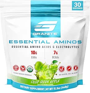 Γρανίτης Essential Amino Acids Powder, Green Apple Flavor, με 10g EAAs και 7g BCAAs, υποστηρίζει την αποκατάσταση των μυών και την ανάπτυξη, χωρίς σόγια, χωρίς γλουτένη (30 υπηρεσίες)
