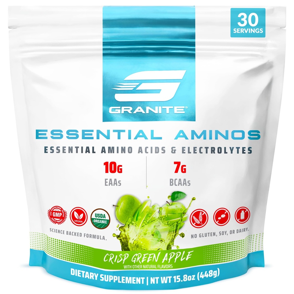 Γρανίτης Essential Amino Acids Powder, Green Apple Flavor, με 10g EAAs και 7g BCAAs, υποστηρίζει την αποκατάσταση των μυών και την ανάπτυξη, χωρίς σόγια, χωρίς γλουτένη (30 υπηρεσίες)