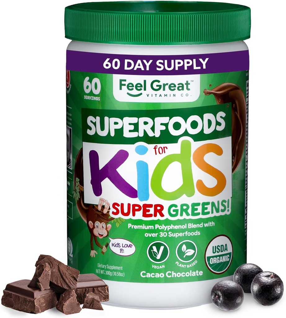 Feel Great USDA Organic Super Greens Powder for Kids - Σοκολάτα Cocao 