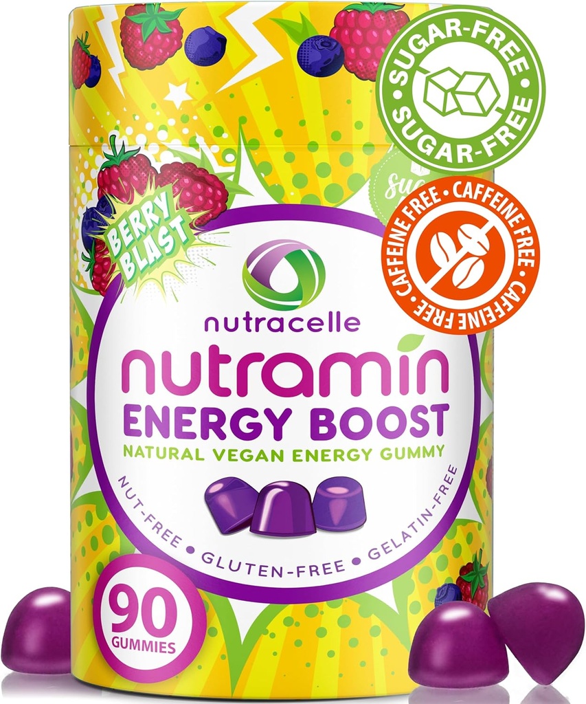 NUTRAMIN Ενέργεια ενίσχυση Βιταμίνη Gummy - Skip The Coffee & Boost Your Energy, Caffeine-free, Sugar-free, Vegan, B12, Πράσινο τσάι, Ashwagandha, Garcinia Cambogia, Raspberry Adaptogen - 90 ct