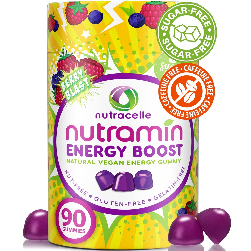 NUTRAMIN Ενέργεια ενίσχυση Βιταμίνη Gummy - Skip The Coffee & Boost Your Energy, Caffeine-free, Sugar-free, Vegan, B12, Πράσινο τσάι, Ashwagandha, Garcinia Cambogia, Raspberry Adaptogen - 90 ct