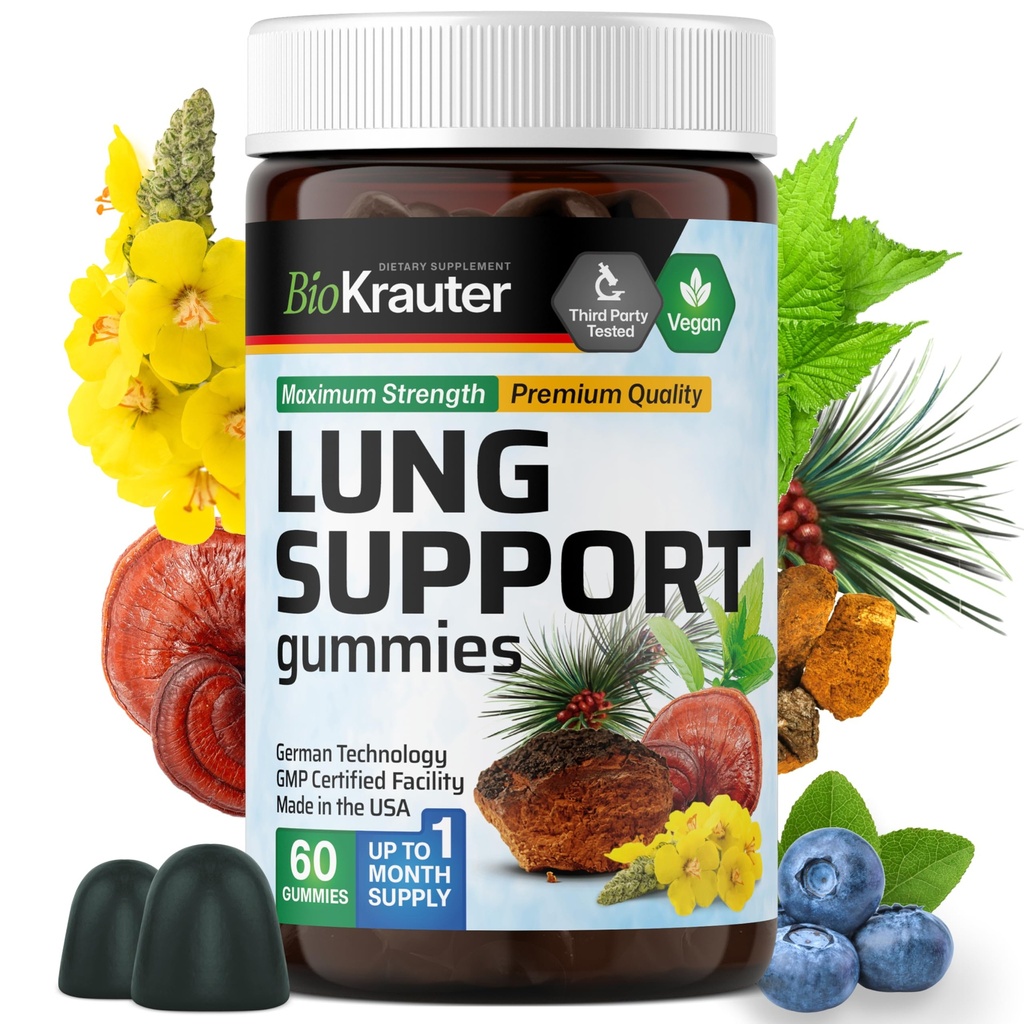 BIO KRAUTER Lung Detox Gummies - 60 Vegan Chews - συμπλήρωμα καθαρισμού πνεύμονα w/Vitamin C & Mullein Leaf Blend - αναπνευστική υποστήριξη