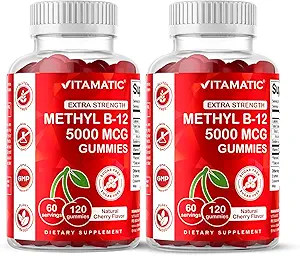 Vitamatic 2 συσκευασίες Επιπλέον δύναμη Βιταμίνη B12 5000 mcg (Methyl B12) Gummies - 120 Count - Ενέργεια Μεταβολισμός Υποστήριξη και το νευρικό σύστημα Υποστήριξη για την υγεία, Φυσικό κεράσι Γεύση