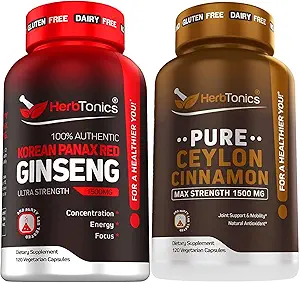 Korean Red Panax Ginseng 1500mg - Υψηλή ισχύς Ginseng για την ενέργεια, την απόδοση και το ανοσοποιητικό υποστήριξη για τους άνδρες και τις γυναίκες - Pure Ceylon Cinnamon Κάψουλες για την ενισχυμένη ευεξία - 1500mg ανά υπηρεσία
