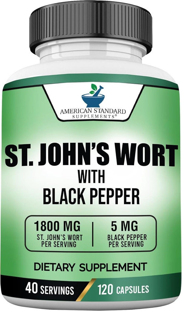 American Standard Supplements St. John’s Wort 1800mg Per Serving with Black Pepper Fruit Extract - Vegan, Gluten Free, Non-GMO, 120 Κάψουλες, 40 Υπηρεσίες