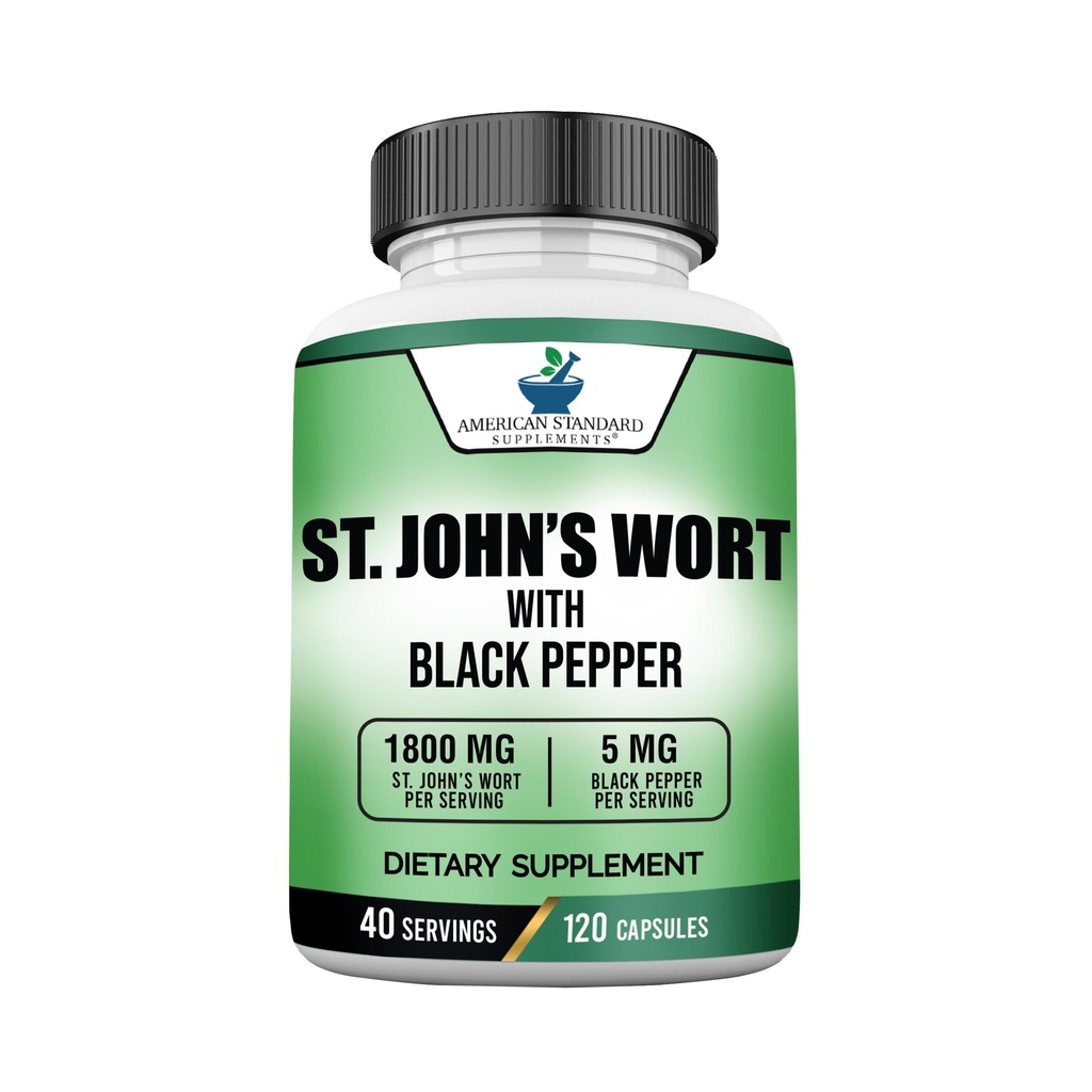 American Standard Supplements St. John’s Wort 1800mg Per Serving with Black Pepper Fruit Extract - Vegan, Gluten Free, Non-GMO, 120 Κάψουλες, 40 Υπηρεσίες