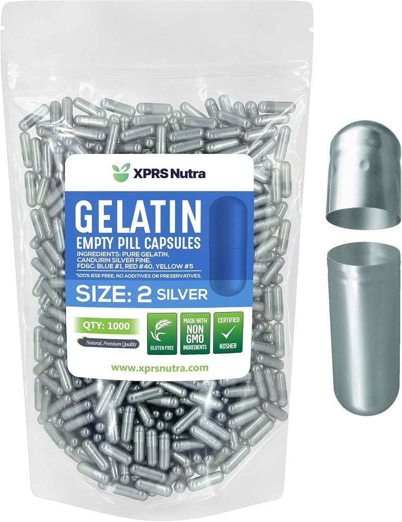 XPRS Nutra Size 2 Empty Capses - 1000 Count Empty Gelatin Capses - Χάπια DIY Capsule Filling - Pure Bovine Pill Gel Caps for Do-It-Yourself Συμπληρώματα (Ασημί)