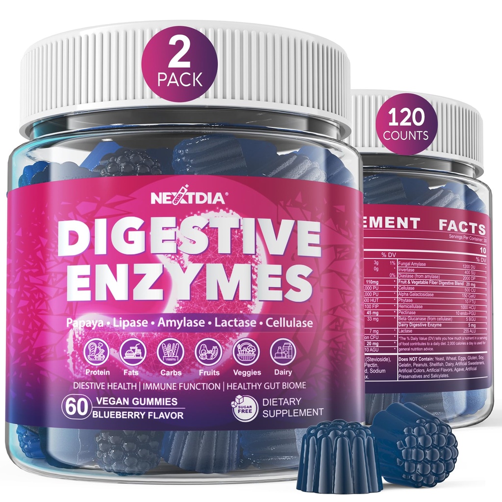 Digestive Enzymes for Women & Men Gummies w/ Probiotics, Papaya, Bromelain, Ginger - Bloating Relief & Gut Health Chewable Supplement Digest Proteins Dairy Carbs Veggies Fats, Sugar Free Vegan, 120Cts