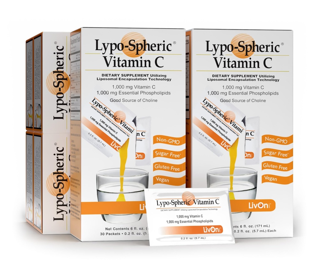 LivOn Laboratories Lypo–Spheric Vitamin C – 6 Cartons (180 Packets) – 1, 000 mg Βιταμίνη C & 1, 000 mg Απαραίτητα Φωσφολιπίδια Per Packet – Liposome Encapsuled for βελτιωμένη απορρόφηση – 100% Μη ΓΤΟ