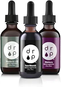 Drop Supplements Organic Trace Mineral Drops, Elderberry Drops and Vitamin D3+K2 Drops Bundle