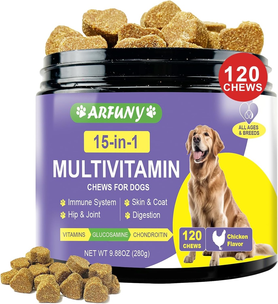 15 σε 1 Dog Multivitamin Supplement - Βιταμίνες για το ανοσοποιητικό σύστημα, Digestion, Hip & Joint, Skin & Coat - με Ουσιώδεις Βιταμίνες, Γλυκοζαμίνη & Χονδροϊτίνη - Κοτόπουλο Γεύση, 120 Chews