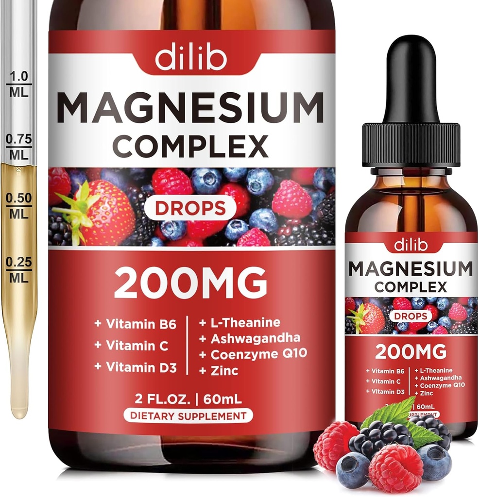Triple Magnesium Complex Supplement, Μαγνήσιο Γλυκινικό, threonate, Κιτρικό Υγρό σταγόνες 200mg με Ashwagandha, CoQ10, Βιταμίνη B6, C, D, Ψευδάργυρος - Vegan Mix Berry Flavor