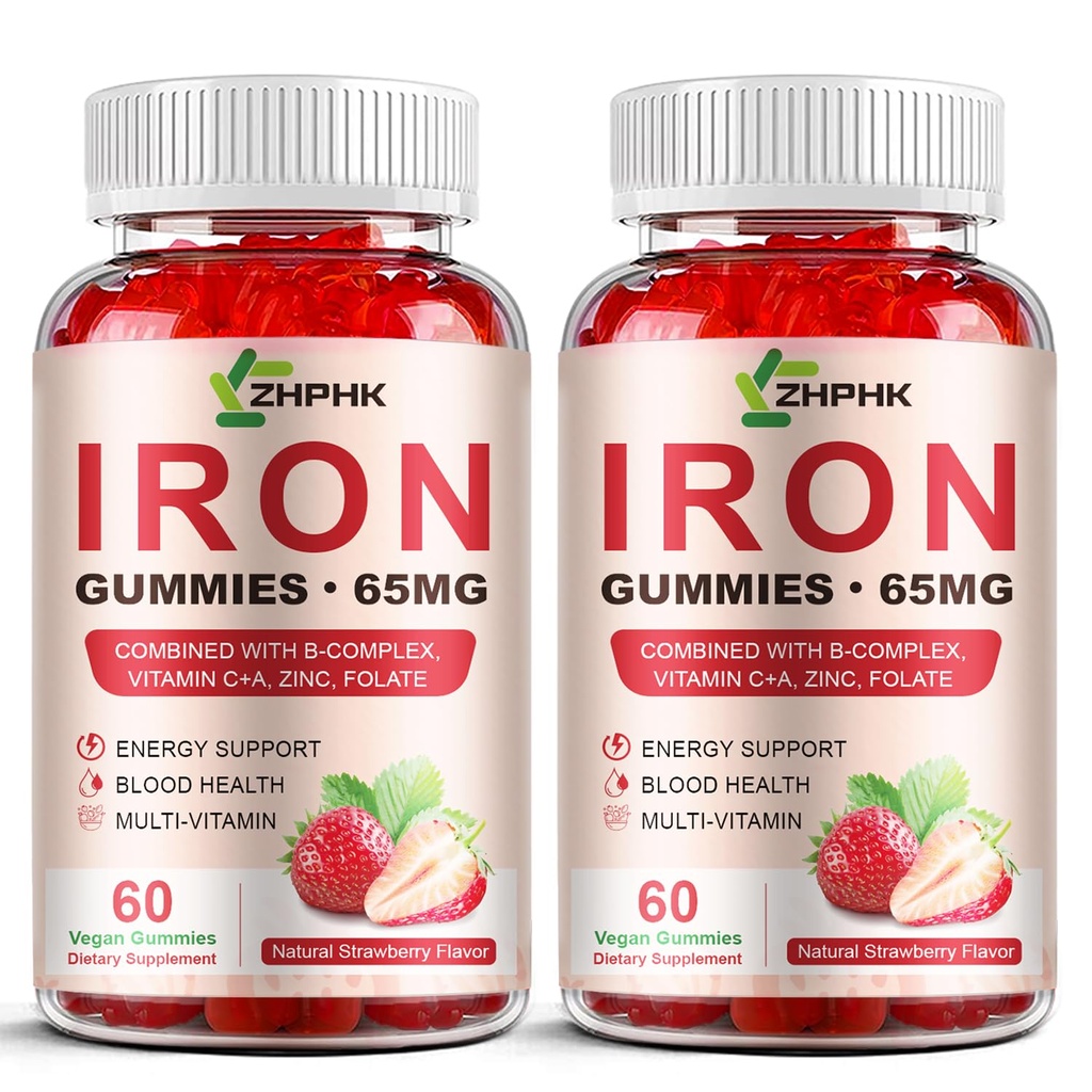 Συμπληρώματα σιδήρου Gummies για γυναίκες, άνδρες & παιδιά, 65mg σιδήρου & 250mg βιταμίνης C ανά υπηρεσία - Υγιεινό αίμα, ενέργεια & ανοσοποιητική υποστήριξη σιδήρου Gummy βιταμίνη με φολικό, 2 συσκευασία