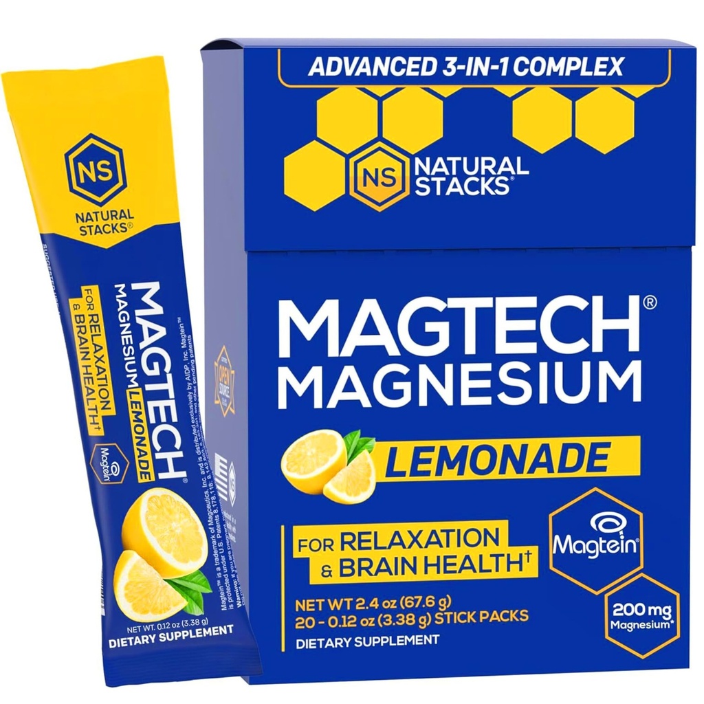 MagTech Magnesium Drink Mix - Χωρίς ζάχαρη Λεμονάδα - 3 Μορφές Μαγνησίου: Μαγνητίνη L-Θρεονικό, Γλυκινικό & Ταυρικό - 200mg Χηλικό σύμπλοκο Μαγνησίου - Υποστηρίζει Χαλάρωση & Εγκεφαλική Υγεία - 20 Υπηρεσίες