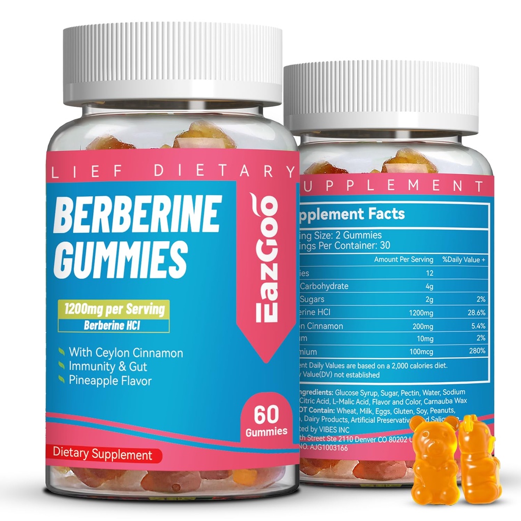 Βερβερίνη Gummies με Ceylon Cinnamon, 1200mg συμπλήρωμα HCI βερβερίνης για το μεταβολισμό και την ενεργειακή υποστήριξη, Vegan, μη GMO και Gelatin-free - 60 Count