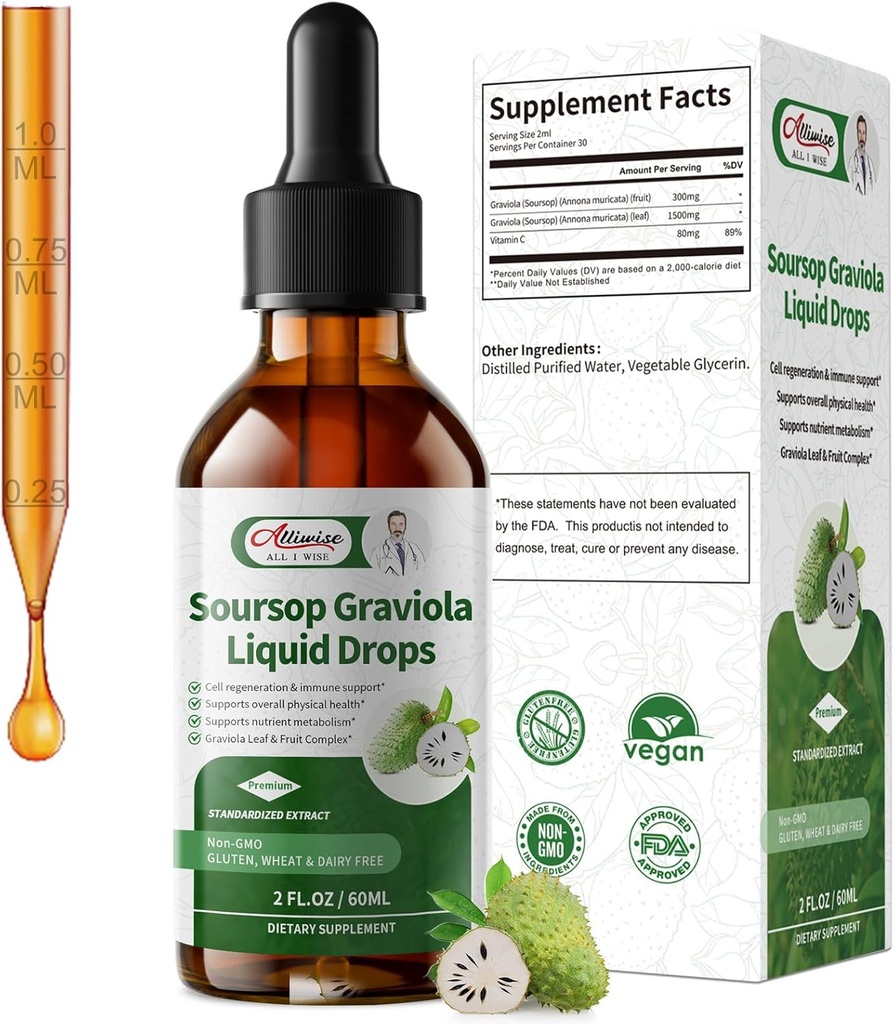 Soursop Graviola Liquid Drop, Υψηλή Απορρόφηση Απορρόφηση Φύλλα & Σύμπλεγμα φρούτων, για την αναγέννηση κυττάρων & ανοσοποιητική υποστήριξη & Digestive Bitters - Vegan SOP Bitters Liquid - 2 Fl oz
