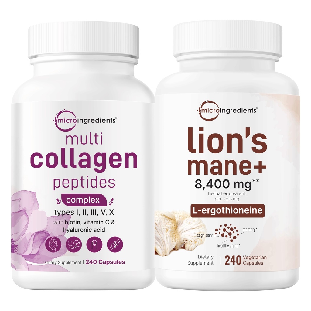 Micro Συστατικά Multi Collagen Complex για τις γυναίκες & τα λιοντάρια Mane συμπλήρωμα 240 κάψουλες Veggie Bundle 2 πακέτο 