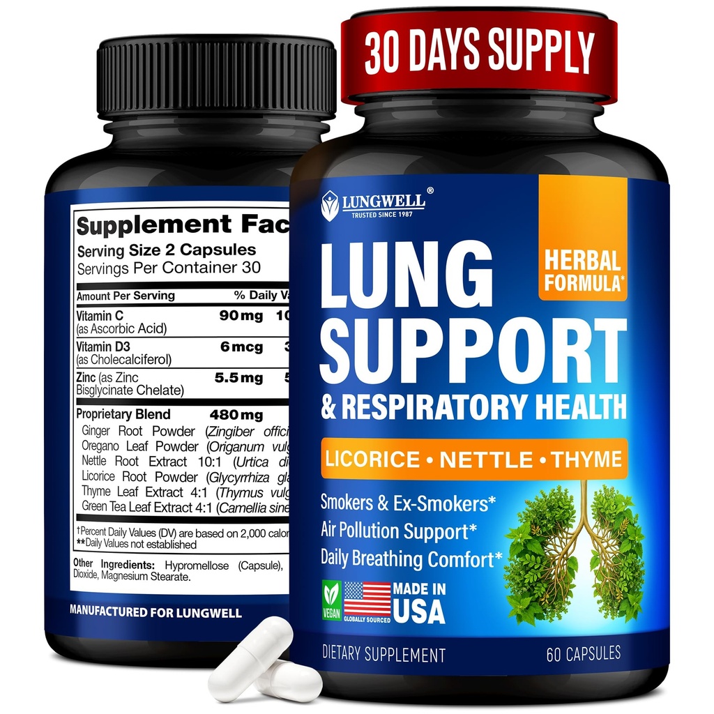 Quit Smoking Aid for Lung Cleanse & Support - Lung Detox for Smokers - Herbs for Respiratory Health: Licorice, Ginger & Nettle Root, Thyme - Clear Lungs Supplement with Vitamins C, D3-60 Capsules