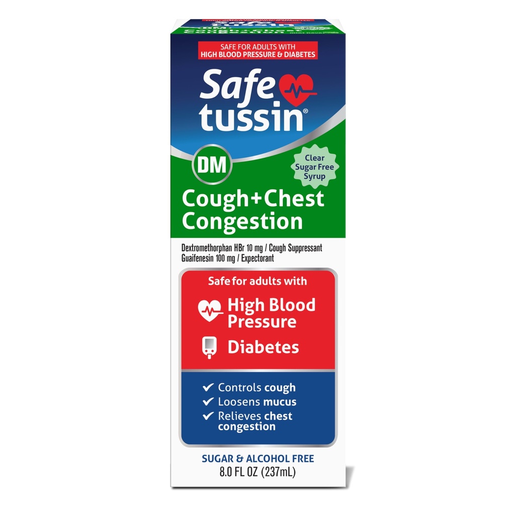 Safetussin DM Βήχας & Θωρακική Συμφόρηση, 8 oz, Αναμενόμενη Ανακούφιση Μουκιών, Σιρόπι Ανακούφισης Βήχα, Ασφαλής για Ενήλικες με Υψηλή Πίεση αίματος & Διαβήτη