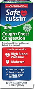 Safetussin DM Cough & Chest Congestion, 8 oz, Expectorant Mucus Relief, Cough Relief Syrup, Safe for Adults with High Blood Pressure & Diabetes