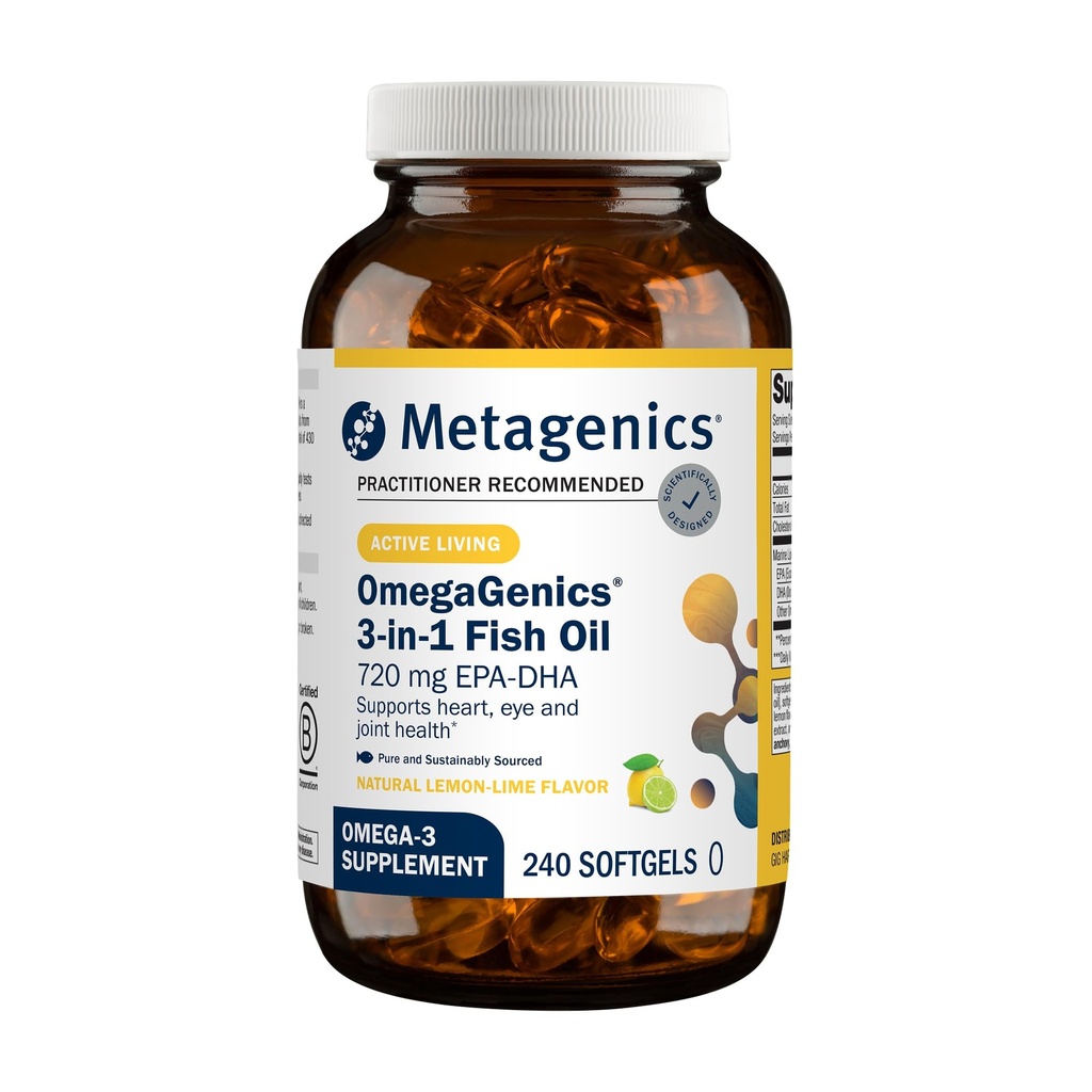Μεταγονική OmegaGenics Fish Oil EPA-DHA 720 mg - Συμπλήρωμα Ωμέγα-3 Fish Oil - Υψηλή ισχύς - για την υγεία της καρδιάς, τη μυοσκελετική υγεία και το ανοσοποιητικό σύστημα * - με DHA & EPA - 240 Softgels