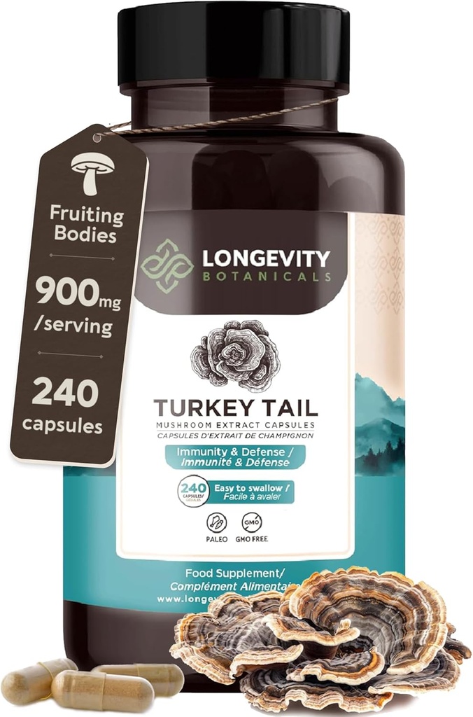 Organic Turkey Tail Mushroom Capsules Supplement (240) | Pure Fruiting Body 10:1 High Strength Extract | 50% Beta-D Glucans | 9,000mg Raw Equivalent Per Serving | Immune, Gut & Microbiome Support