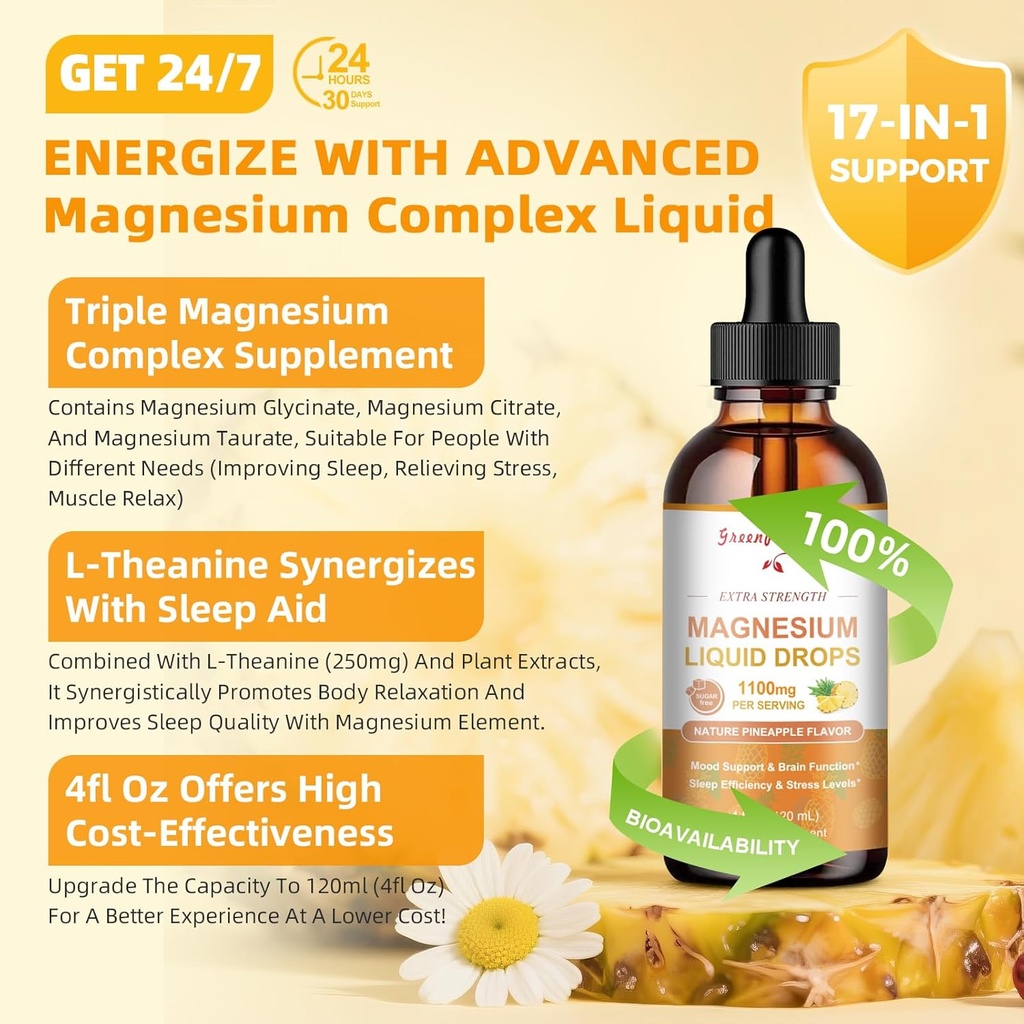 GREENPEOPLE Magnesium Glycinate Liquid Drop - 17-in-1 4Fl. Oz Triple Magnesium Complex Supplement with Glycinate 400mg & Citrate 500mg Taurate/L-Theanine for Calm Mood/Muscle/Sleep,Pineapple Flavor