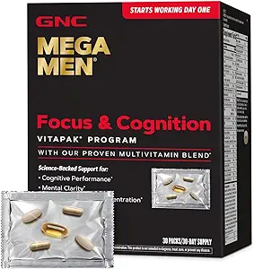 GNC Mega Men Focus and Cognition Vitapak Program, Convenient, Complete Nutrition, 3 Products in 1 Packet, Clarity, Focus, Energy, Concentration, Works on Day One, 100mg Caffeine, 30 Daily Packs