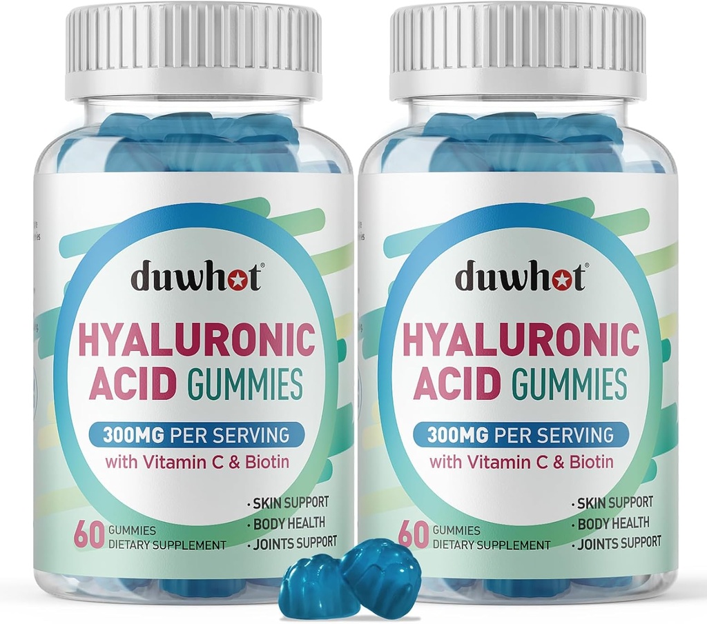Hyaluronic Acid Gummies, Hyaluronic Acid Συμπληρώματα με βιταμίνη C & Biotin 5000mcg για το δέρμα, τα μαλλιά, νύχια υγεία, συμπληρώματα αρθρώσεων για γυναίκες & άνδρες, χαμηλή ζάχαρη, Vegan, μη GMO, 60 Counts