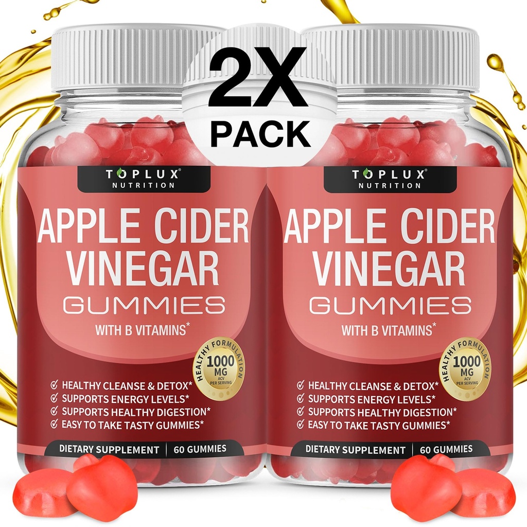 Toplux Μηλίτης μηλίτη Ξύδι - 1000mg ACV με B12, ρίζα τεύτλων, Ρόδι για ανοσοποιητικό σύστημα, Detox & Cleanse, Gummy Εναλλακτική για κάψουλες μηλίτη μήλου, για άνδρες γυναίκες 2X Pack
