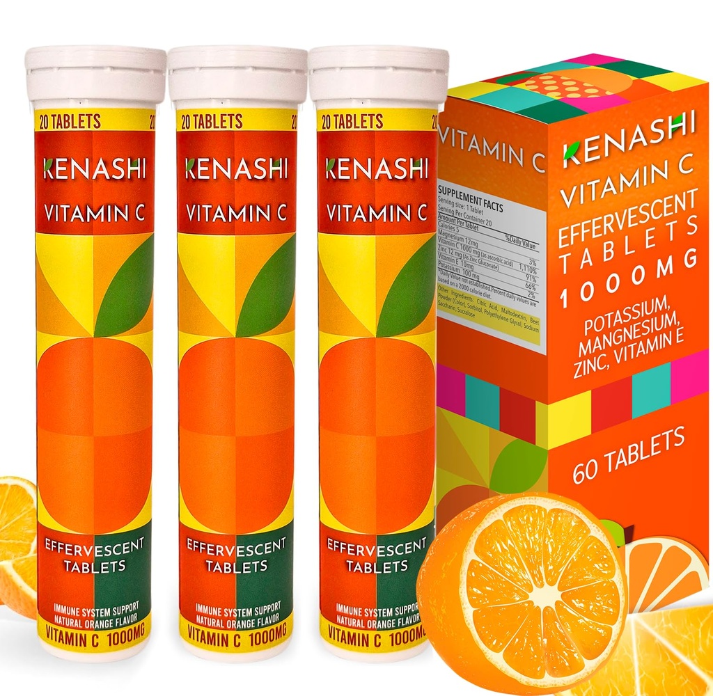 Vitamin C Effervescent Tablets 1000mg with Magnesium Zinc Vitamin E & Potassium Vitamina C Efervescente 60 Tables 3 Pack Vitamina C