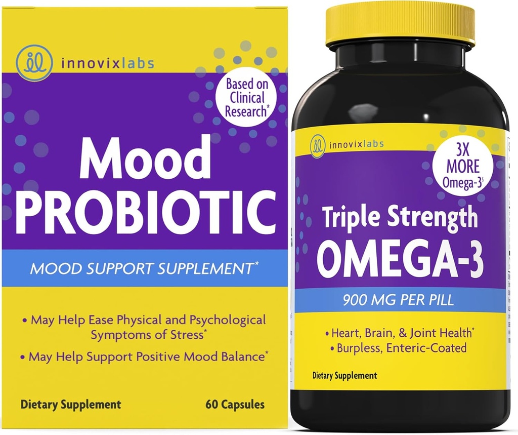 InnovixLabs Mood Probiotic & Triple Omega Bundle Mood Probiotic (60 Κάψουλες) Τριπλή Δύναμη Ωμέγα-3 Fish Oil (200 Softgel). Υποστηρίζει τον εγκέφαλο, τις αρθρώσεις και την ανοσοποιητική υγεία *
