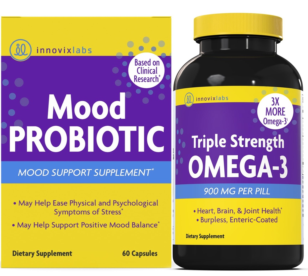 InnovixLabs Mood Probiotic & Triple Omega Bundle Mood Probiotic (60 Κάψουλες) Τριπλή Δύναμη Ωμέγα-3 Fish Oil (200 Softgel). Υποστηρίζει τον εγκέφαλο, τις αρθρώσεις και την ανοσοποιητική υγεία *