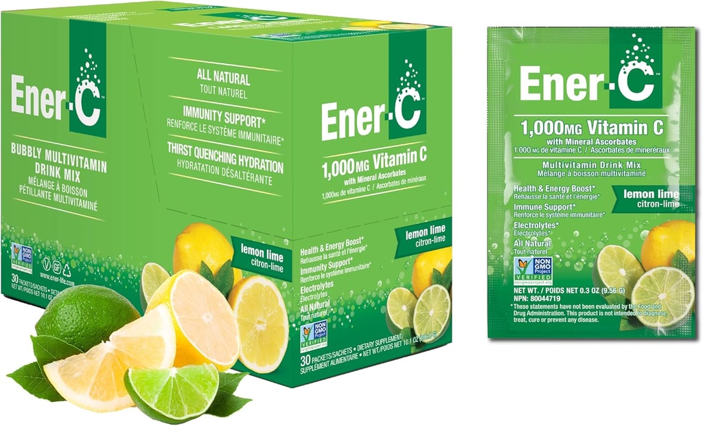 Ener-C Multivitamin Drink Mix - Vitamin Packets for Water, Electrolytes Powder Packets, Vitamin Drink Mix, Hydration Liquid Mix, Immune Booster for Adults, Healthy Energy - Lemon Lime, 30 Count