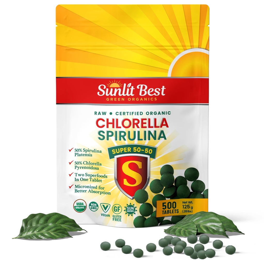 Sunlit Super 50/50 Βιολογικά Δισκία Chlorella Spirulina - Super συμπλήρωμα για την υποστήριξη του ανοσοποιητικού, την υγεία των ούλων, τη διάθεση και την ενέργεια - πλούσια σε χλωροφύλλη, Αμινοξέα και πρωτεΐνη Vegan, 500 Superfood Tabs