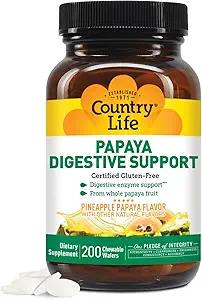 Country Life Chewable Papaya Enzymes for Digestion Support - Φυσικό Ανανά & Παπάγια Γεύση, Βοηθάει με θρεπτική απορρόφηση, Περιέχει Παπαΐνη & Πρωτεΐνες - 200 Ct