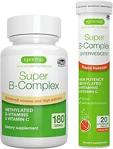 Super B- Complex Bundle, 180 Tablets Παρατεταμένης Χρήσης & 20 Orange Flavor Αναβράζοντα Tablets for Fast Energy On The Go, by Igennus