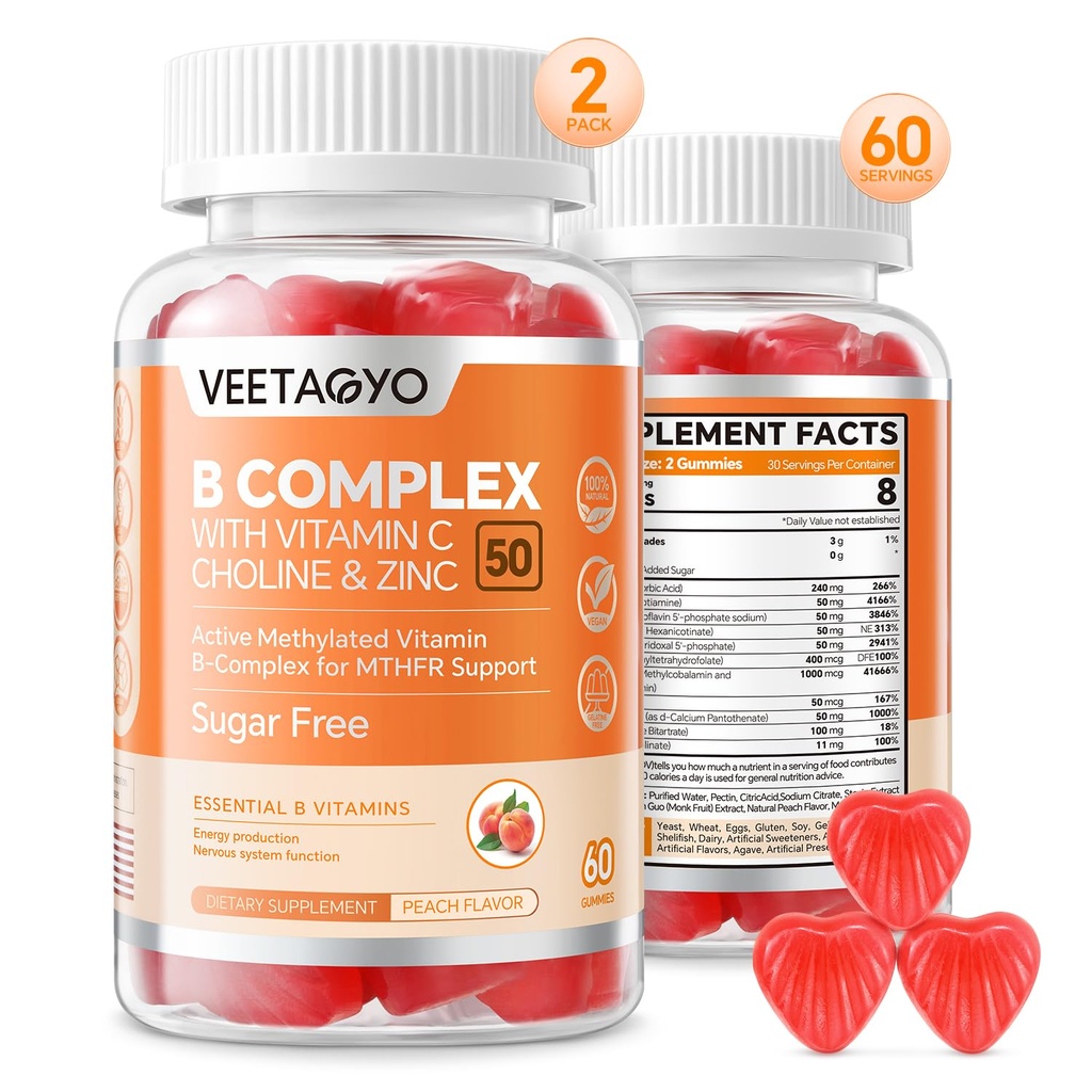 B Complex 50 Gummies, Methylated B Complex with Vitamin C,Choline & Zinc - Ενεργό μεθυλιωμένο B-Complex for Energy,Methylated Support - All B Vitamins - B1,B2,B3,B5,B6,B7,B9,B12 - Χωρίς ζάχαρη,120 Count
