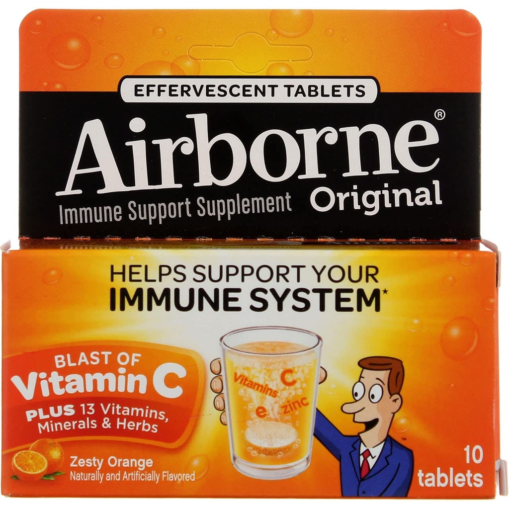 Airborne 1000mg Βιταμίνη C με βιταμίνη D & ψευδάργυρο, χωρίς ζάχαρη συμπλήρωμα πολυβιταμίνης ανοσοποίησης, Αντιοξειδωτικές Βιταμίνες A C & Βιταμίνη E, 10 Αναβράζοντα δισκία, Ζεστό άρωμα πορτοκαλιού