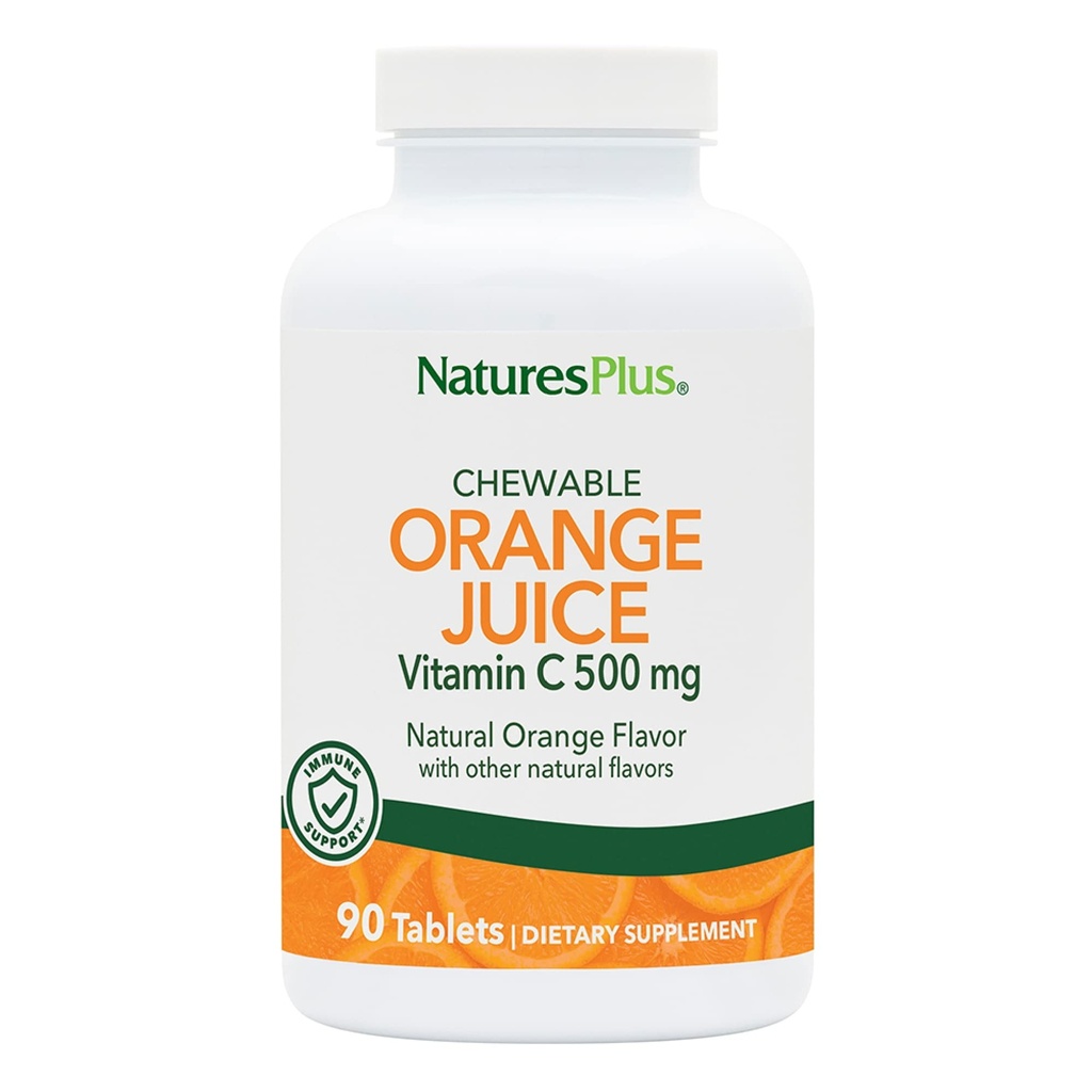 Natures Plus Orange Juice Chewable Vitamin C - 500 mg, 90 δισκία - Συμπλήρωμα Υποστήριξης Ανοσοποιητικής & Αγγειακής Υγείας υψηλής ισχύος, Αντιοξειδωτικό - Απαλό Στομάχι - Χορτοφαγικά, Χωρίς Γλουτένη - 90 Σερβιέτες