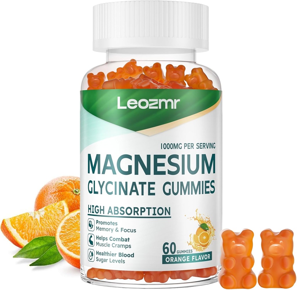 Μαγνήσιο Γλυκινικό Gummies 1000mg - Συμπλήρωμα μαγνησίου χωρίς ζάχαρη με βιταμίνη D, B6, CoQ10 για υποστήριξη ηρεμίας & ύπνου - 60 Orange Gummies