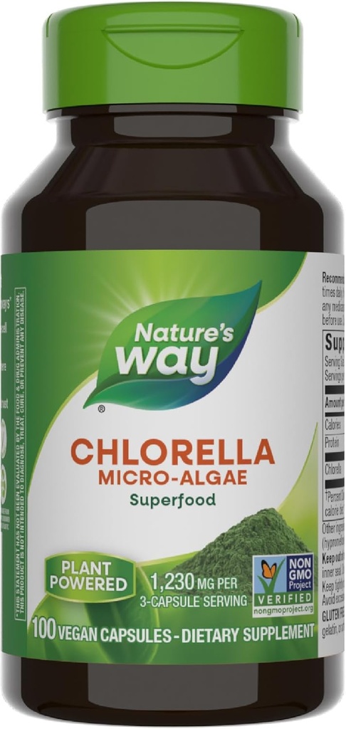 Nature's Way Chlorella Micro-Algae, Superfood, Supports Antioxidant Pathways*, 1,230 mg per 3-Capsule Serving, Vegan, Non-GMO Project Verified, 100 Capsules (Packaging May Vary)