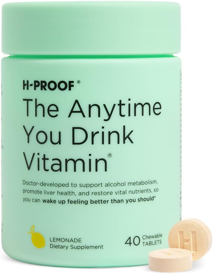 H-PROOF Η ανά πάσα στιγμή που πίνετε Βιταμίνη, Ηπατική Υγεία & Ανοσία Υποστήριξη με Ηλεκτρολύτες, Γαϊδουράγκαθο Γάλα, και Βιταμίνες B & C - 40 Μασώμενα Δισκία (20 Σερβιέτες), Vegan, Λεμονάδα